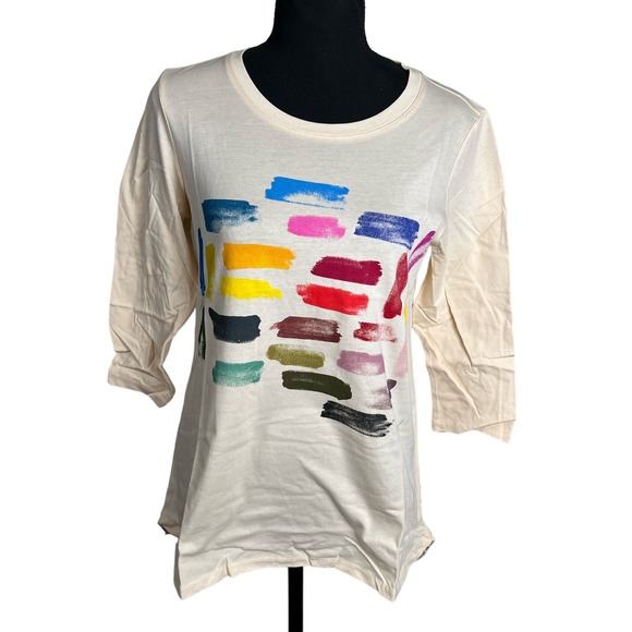 LOGO Limitees by Lori Goldstein 3/4 Sleeve Graphic Tee CHAMPAGNE NWOT SIZE XXS - Picture 2 of 7